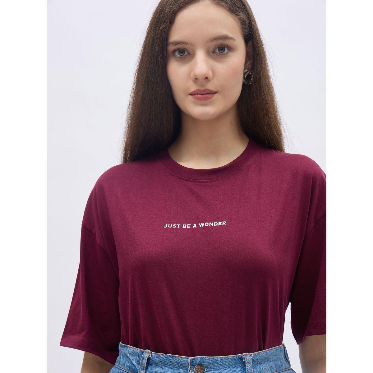 Styli Women Burgundy Slogan Print Oversized T-Shirt-women-clothing-tshirts-image-4