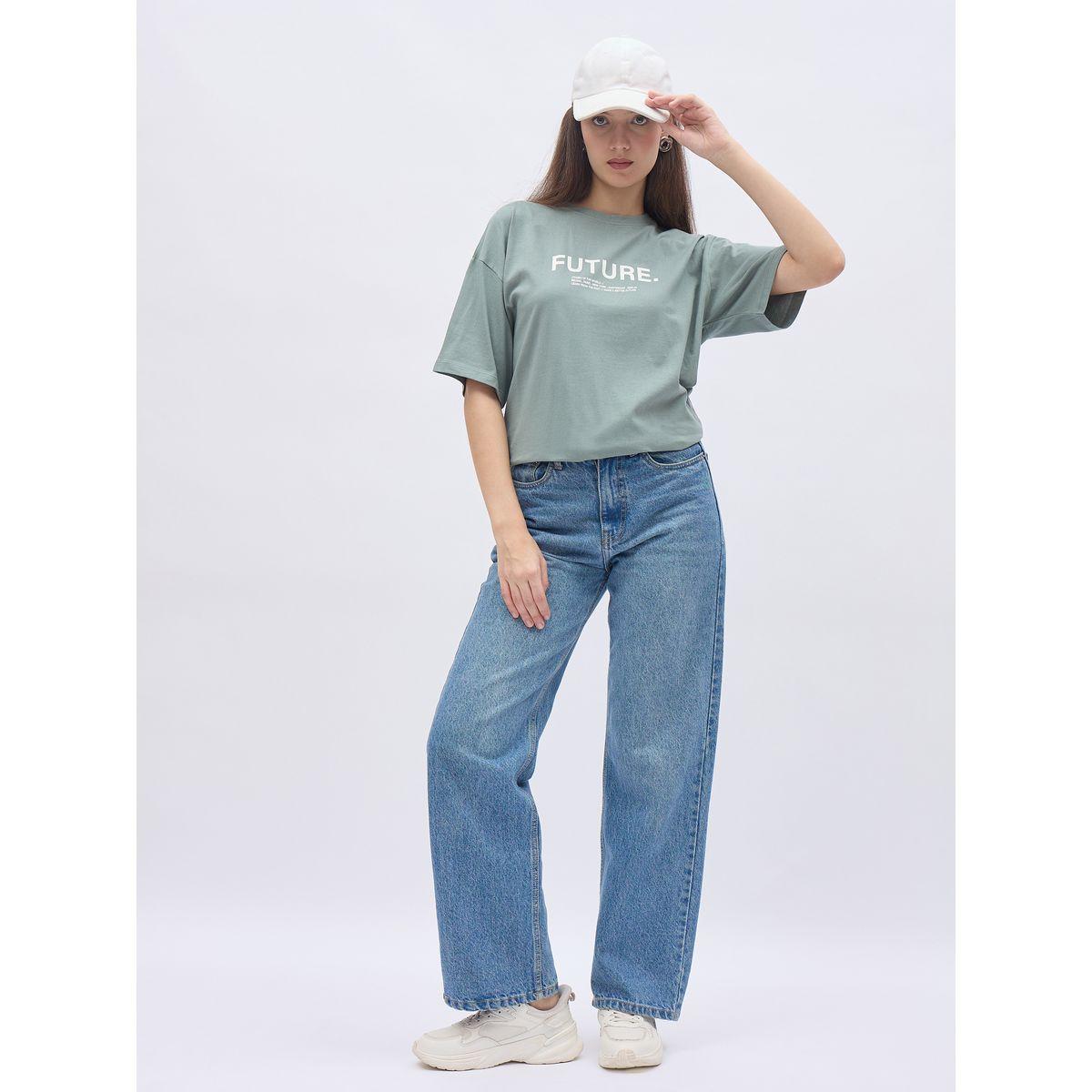 Styli Women Green Slogan Print Short Sleeve Oversized T-Shirt-women-clothing-tshirts-image-1