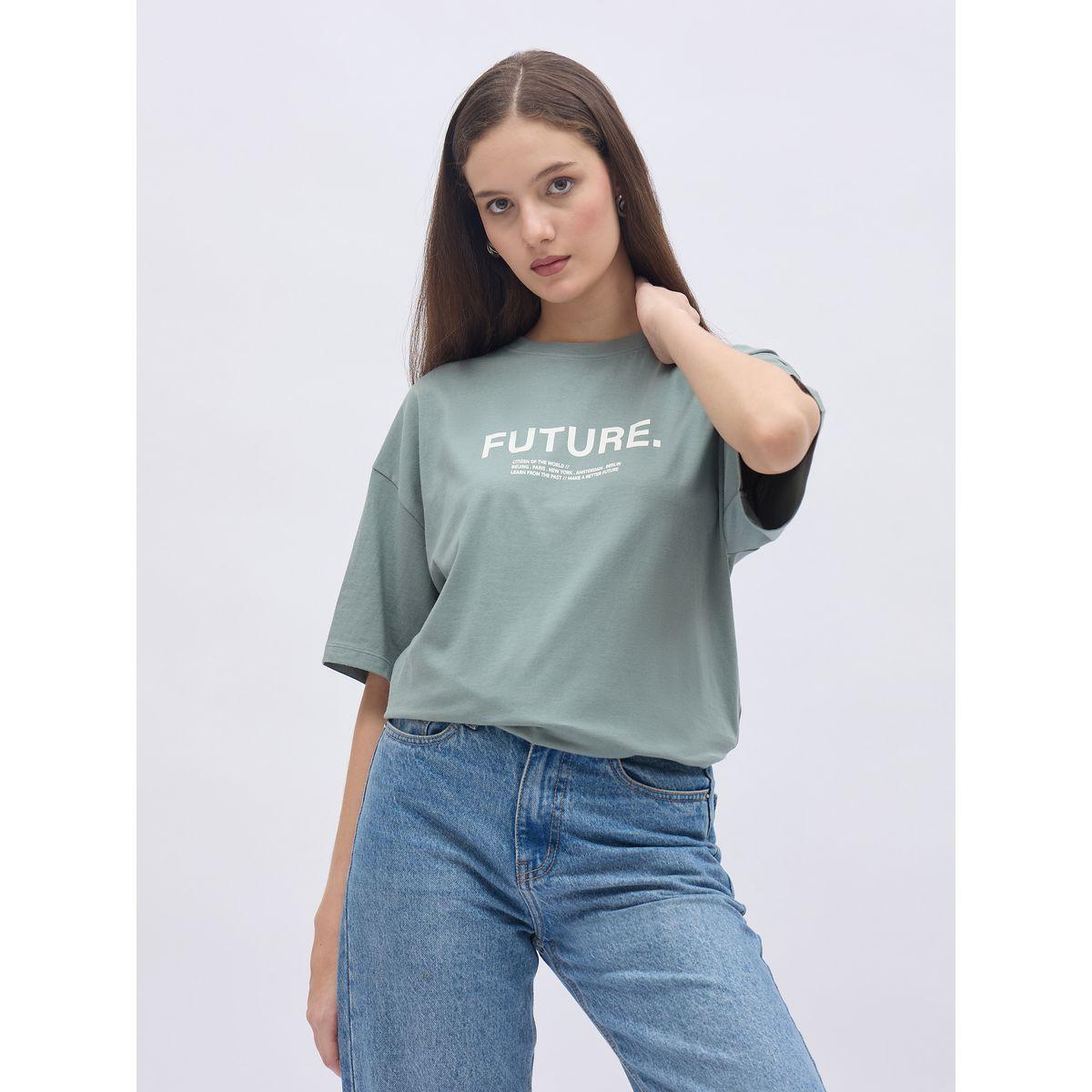 Styli Women Green Slogan Print Short Sleeve Oversized T-Shirt-women-clothing-tshirts-image-2