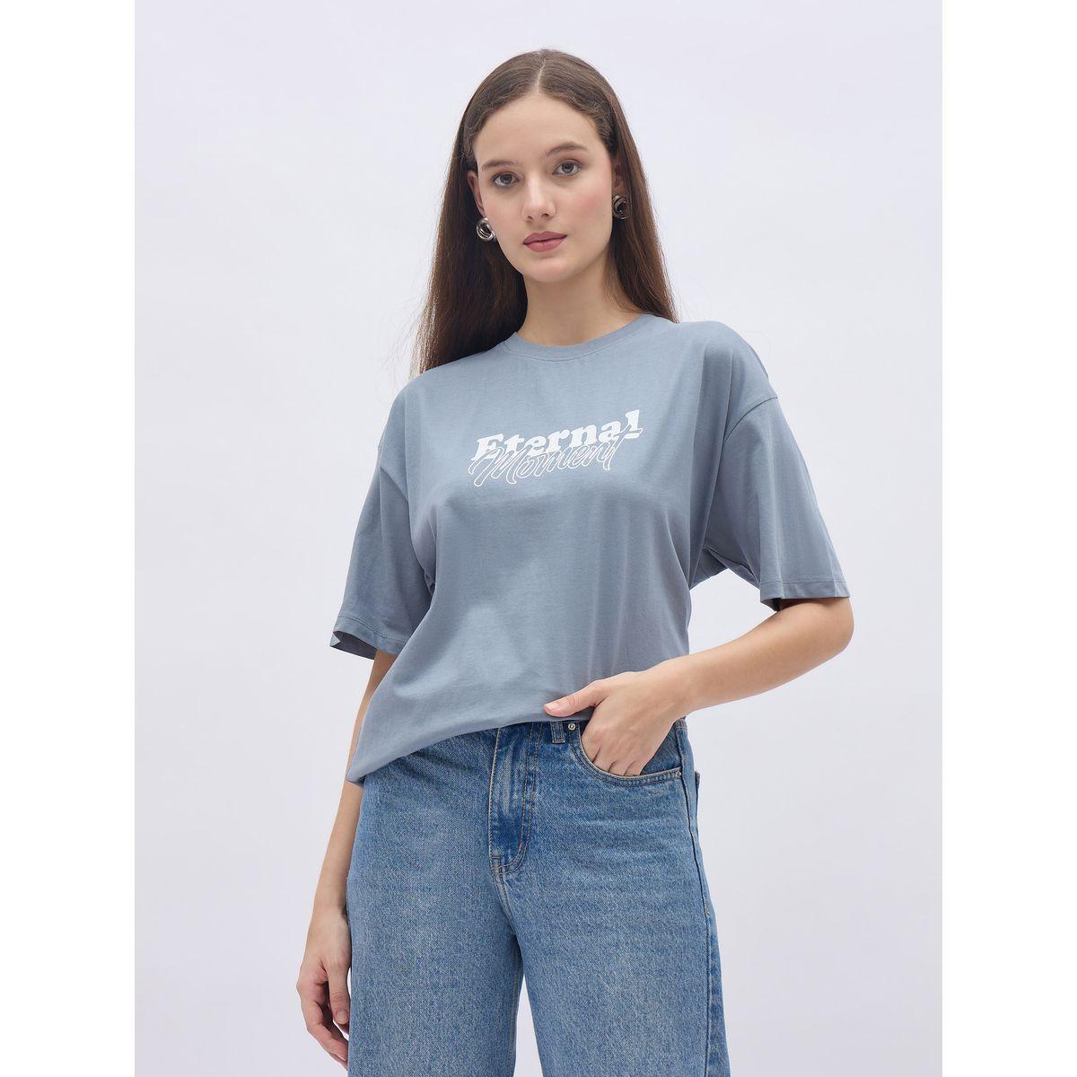 Styli Women Blue Slogan Print Short Sleeve Oversized T-Shirt-women-clothing-tshirts-image-2