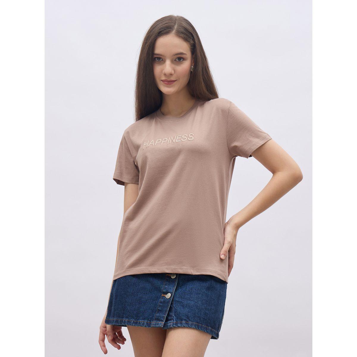 Styli Women Brown Slogan Embroidered Short Sleeve Regular Fit T-Shirt-women-clothing-tshirts-image-2