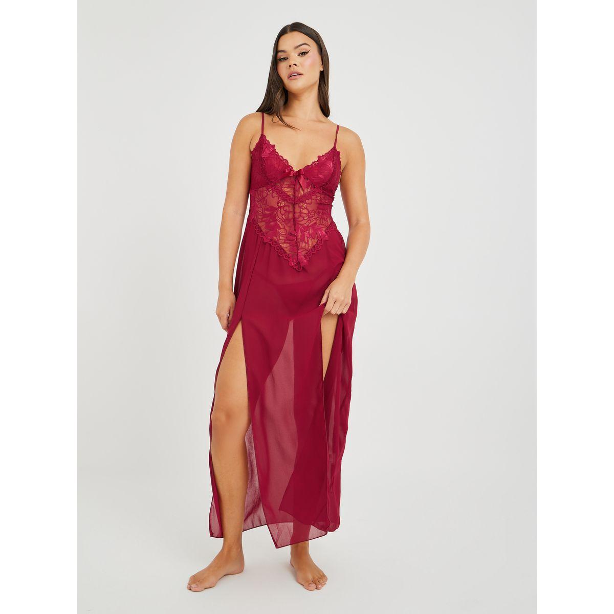 Styli Lace Detail Double Slit Mesh Slip Dress with Briefs-women-clothing-lingerie-babydollsandbodysuits-image-1