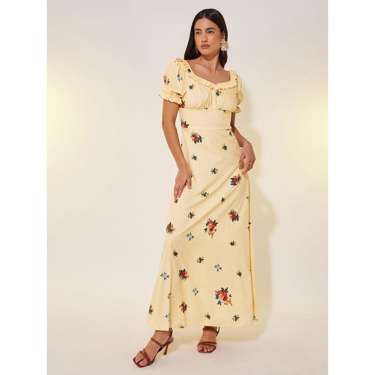فستان طويل مطبع بزهور مع أكمام منفوخة وكشكش-women-clothing-dresses-image-1