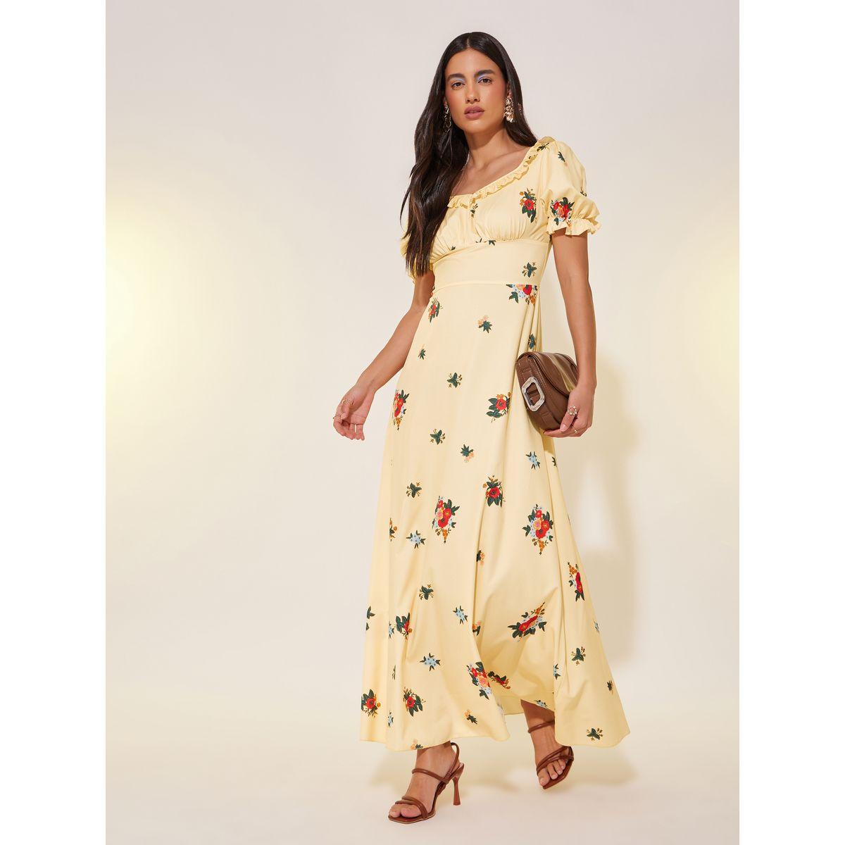 فستان طويل مطبع بزهور مع أكمام منفوخة وكشكش-women-clothing-dresses-image-2