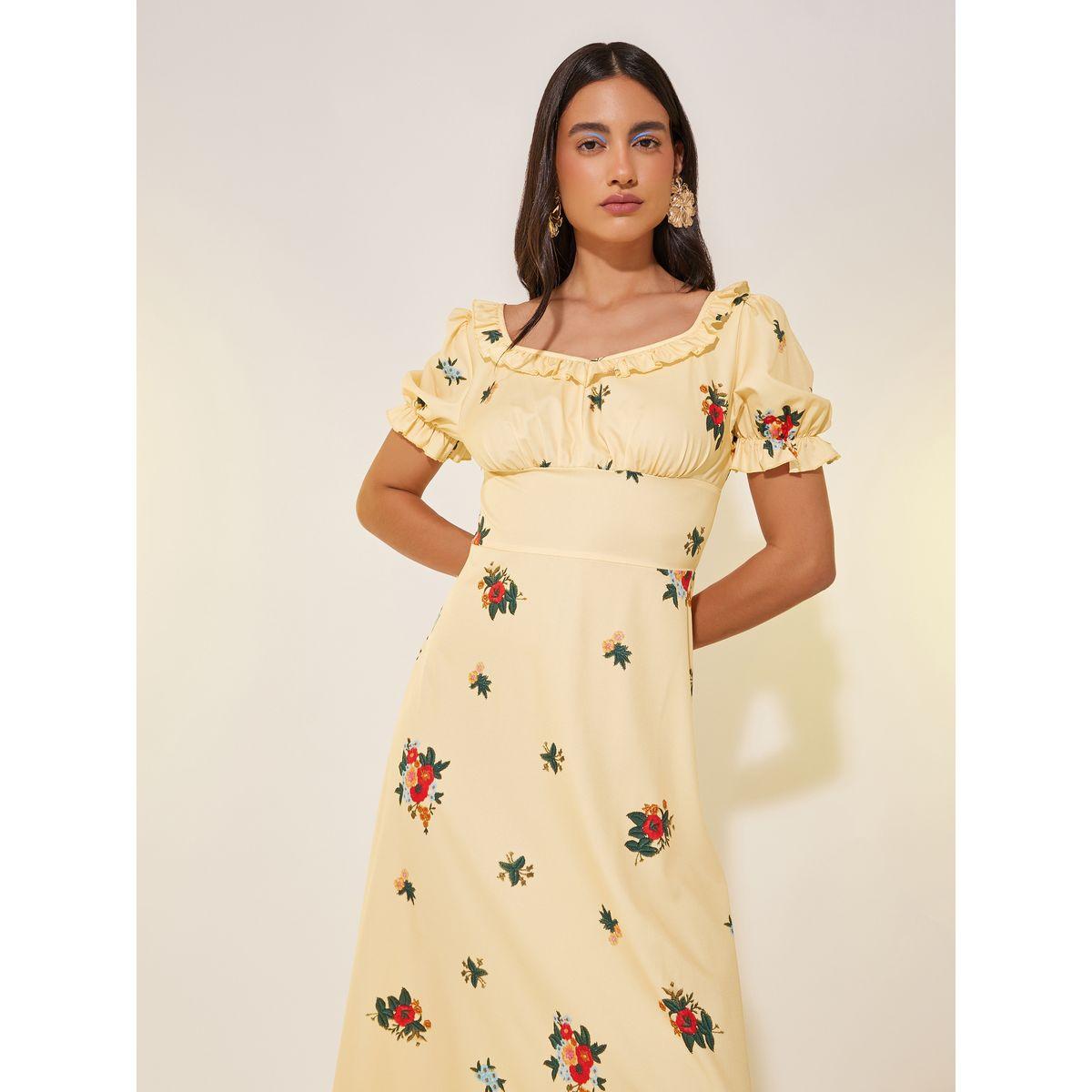 فستان طويل مطبع بزهور مع أكمام منفوخة وكشكش-women-clothing-dresses-image-3