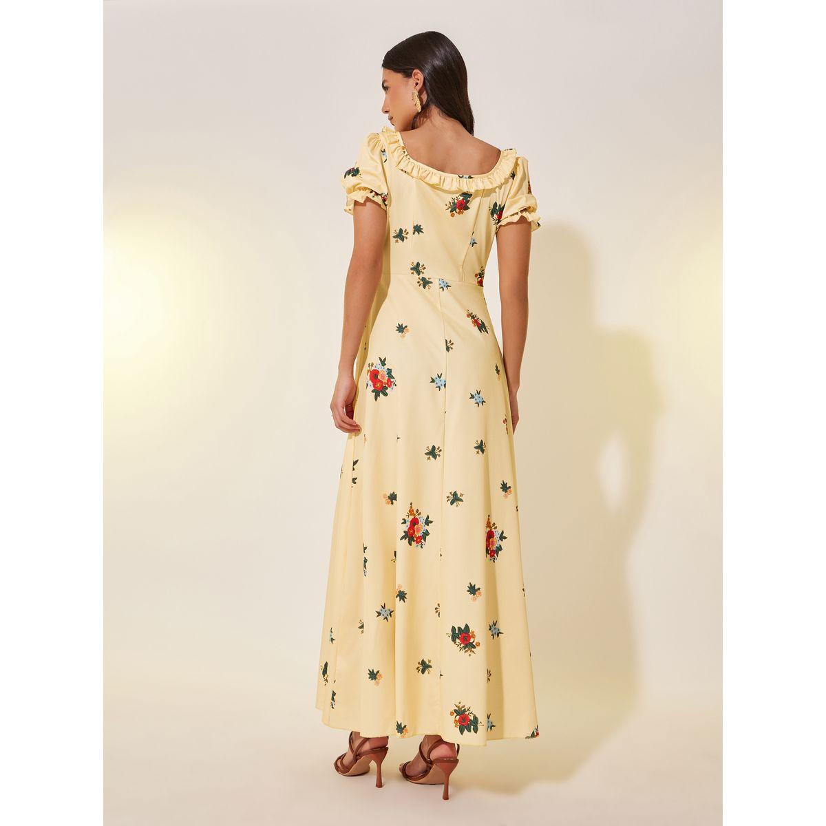 فستان طويل مطبع بزهور مع أكمام منفوخة وكشكش-women-clothing-dresses-image-5