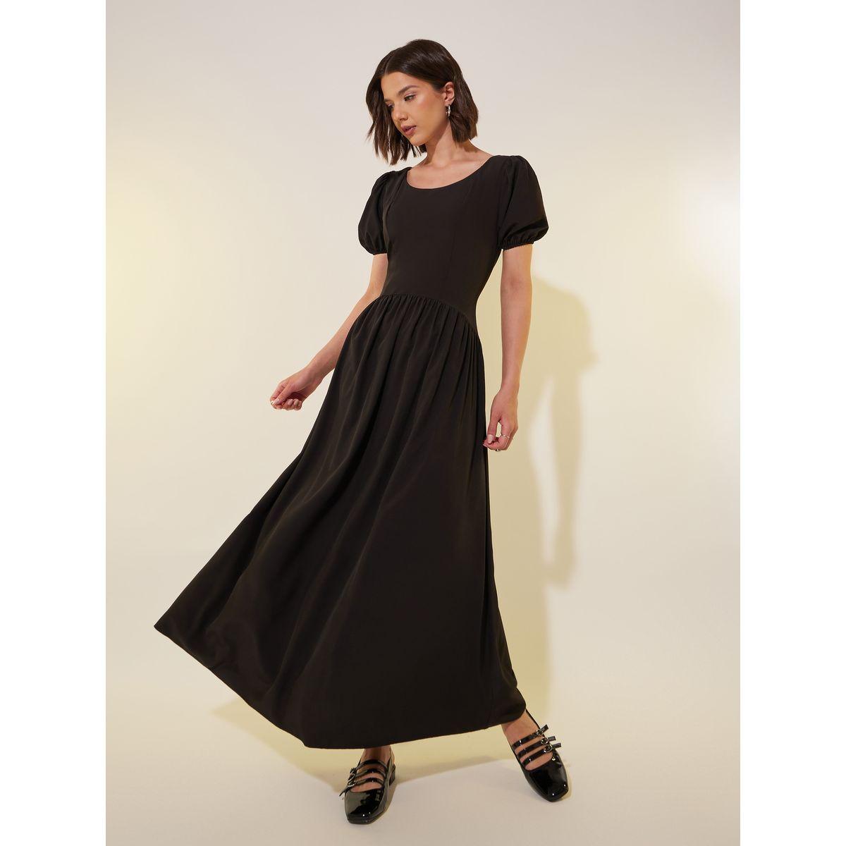 فستان طويل سادة بأكمام منفوخة وياقة دائرية-women-clothing-dresses-image-1