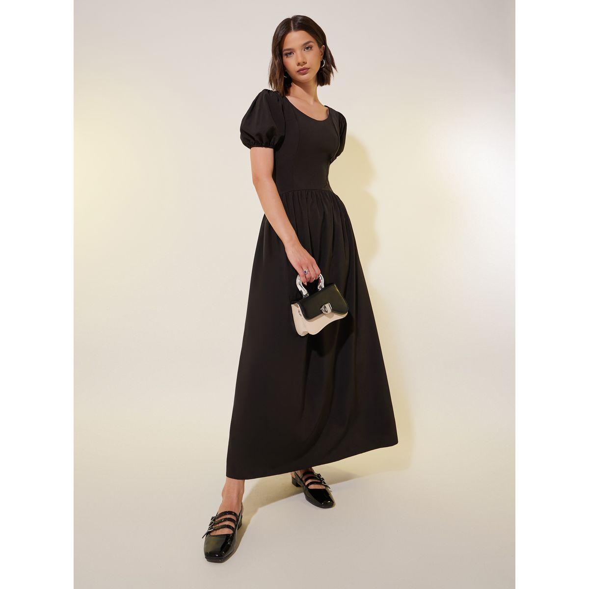 فستان طويل سادة بأكمام منفوخة وياقة دائرية-women-clothing-dresses-image-2