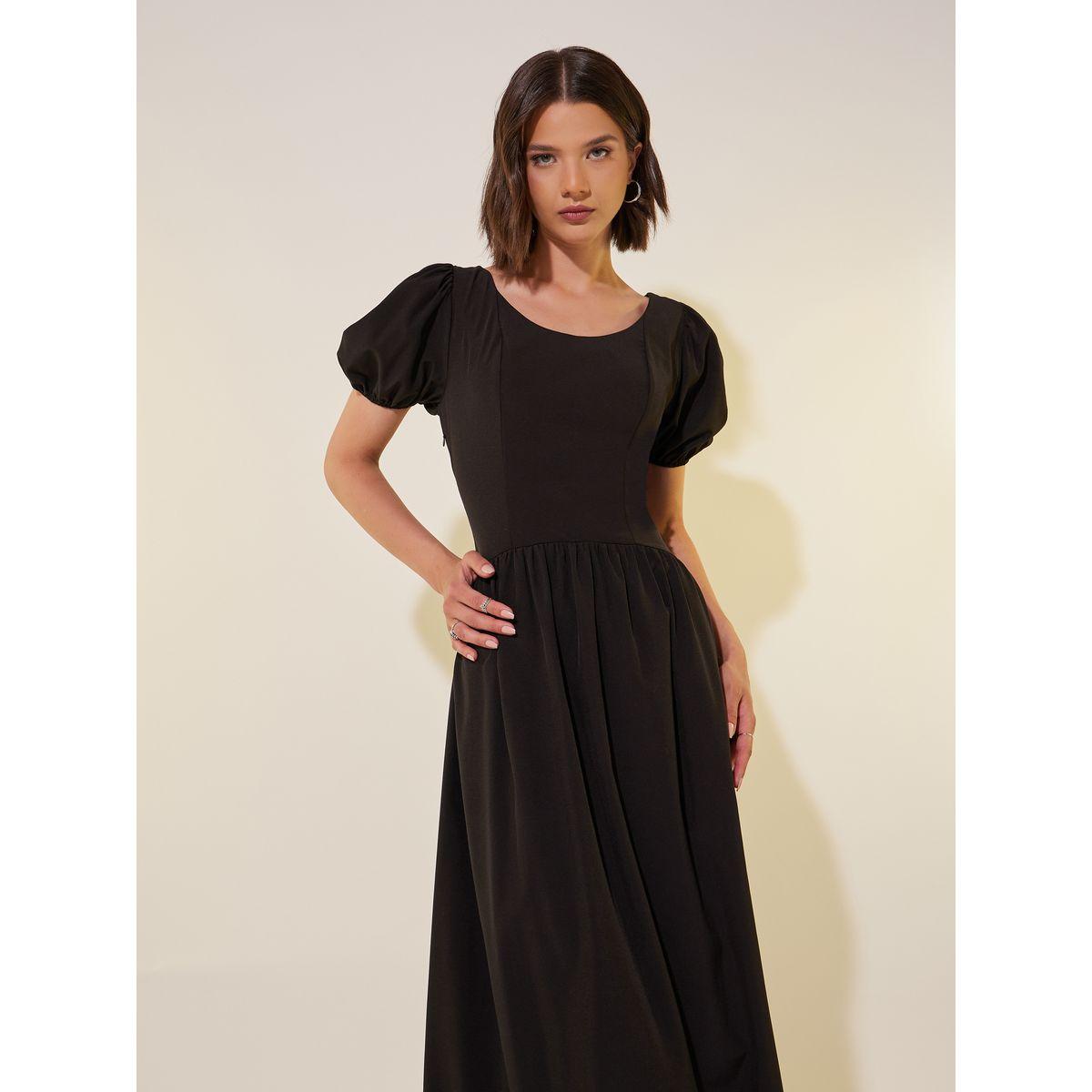 Styli Solid Puff Sleeves Round Neck A-Line Maxi Dress-women-clothing-dresses-image-3