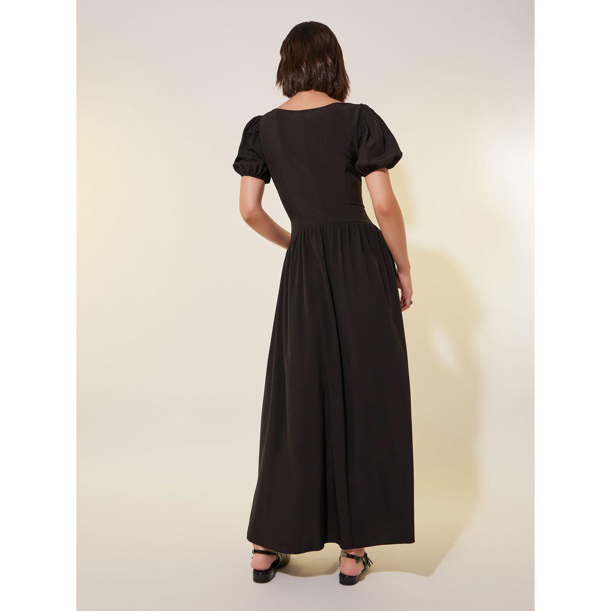 فستان طويل سادة بأكمام منفوخة وياقة دائرية-women-clothing-dresses-image-5