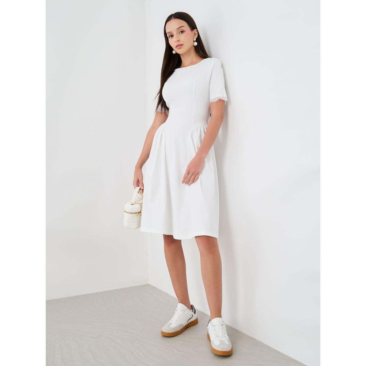 فستان سادة بطول الركبة وأكمام قصيرة-women-clothing-dresses-image-1
