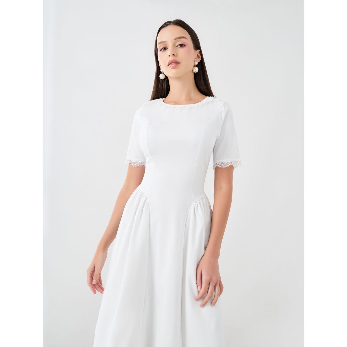 فستان سادة بطول الركبة وأكمام قصيرة-women-clothing-dresses-image-2