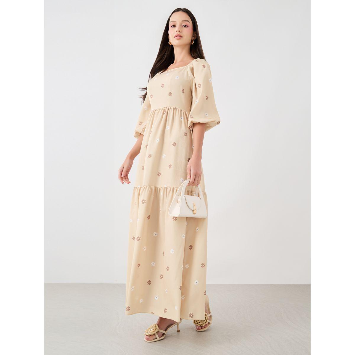 فستان طويل بطبعة زهور وياقة مربعة-women-clothing-dresses-image-1