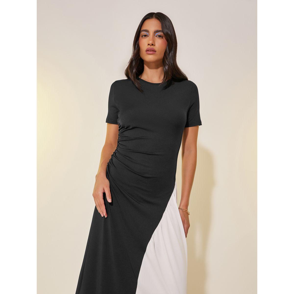Styli Solid Two Tone Round Neck Maxi Dress-women-clothing-dresses-image-3