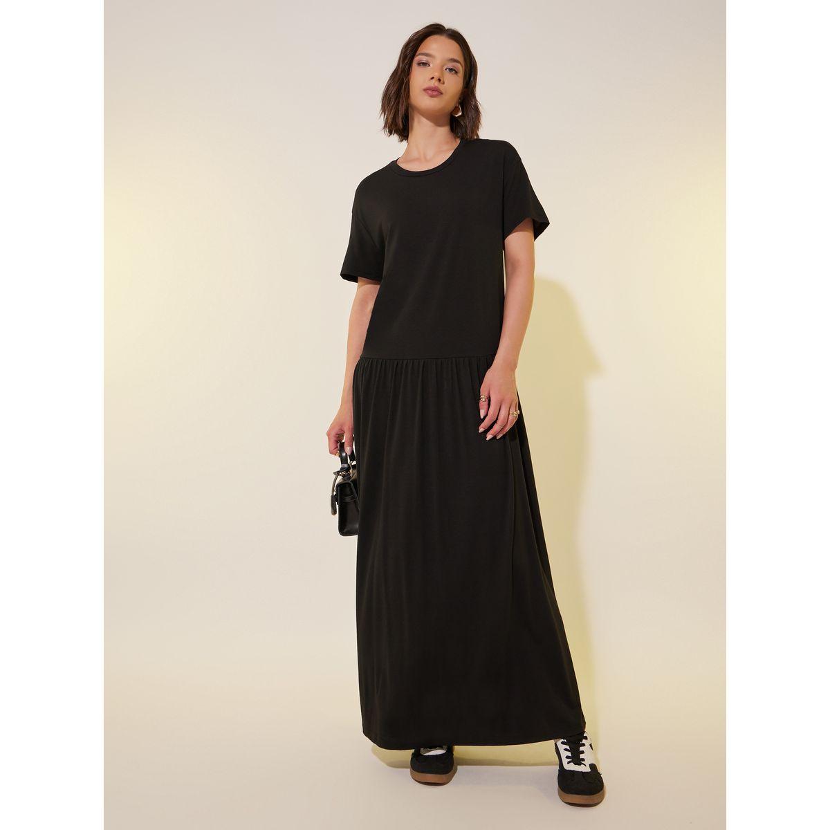 فستان طويل سادة بأكمام قصيرة وخصر بتفاصيل مُجمعة-women-clothing-dresses-image-2