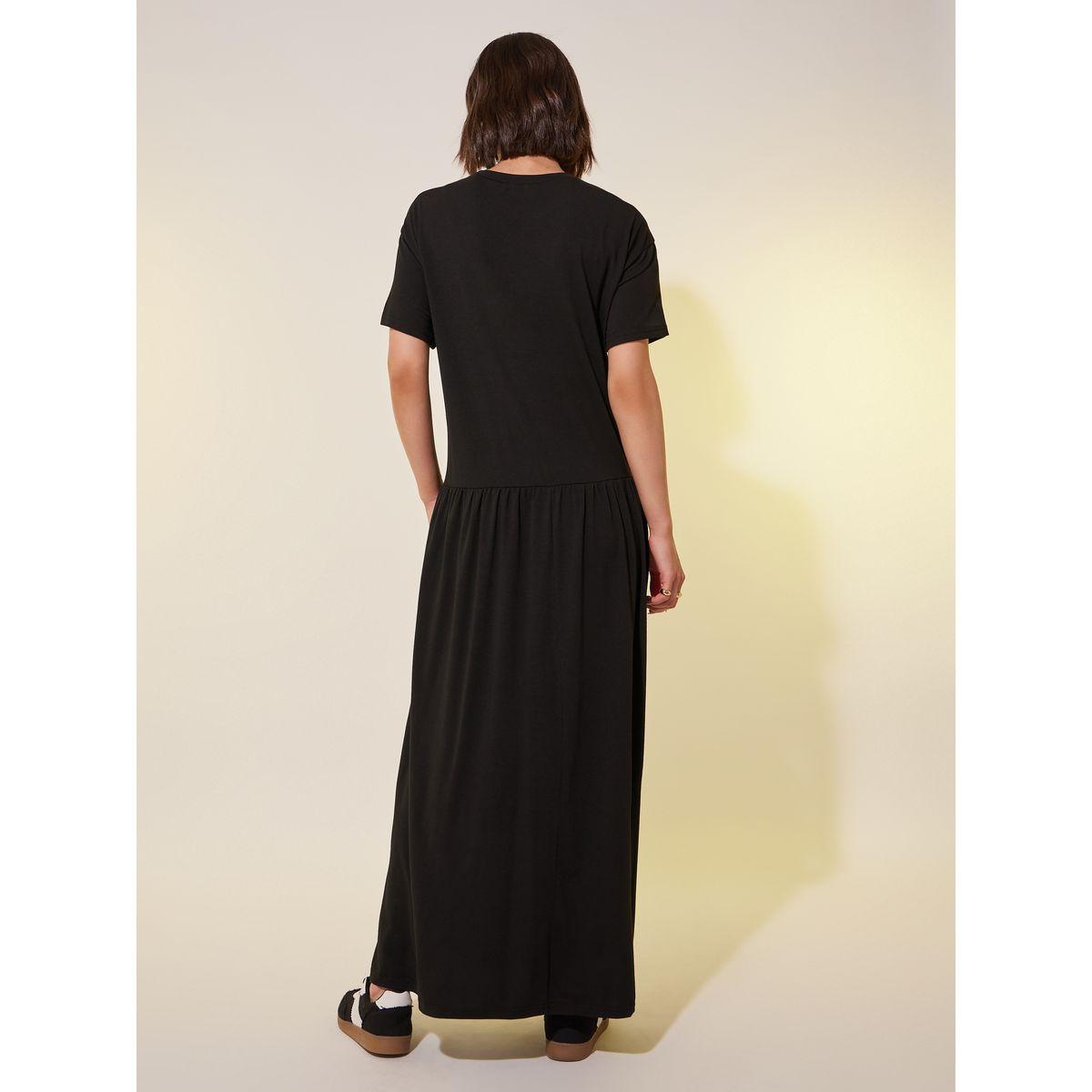 فستان طويل سادة بأكمام قصيرة وخصر بتفاصيل مُجمعة-women-clothing-dresses-image-5