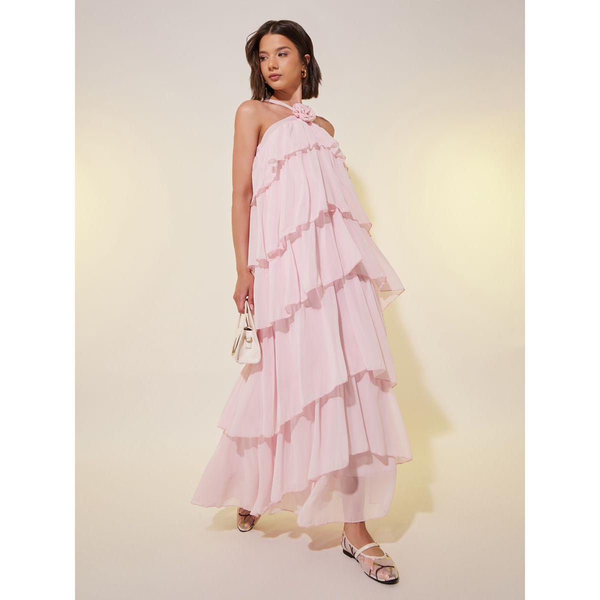 فستان طويل سادة بكسرات وياقة هولتر مع كورساج-women-clothing-dresses-image-2