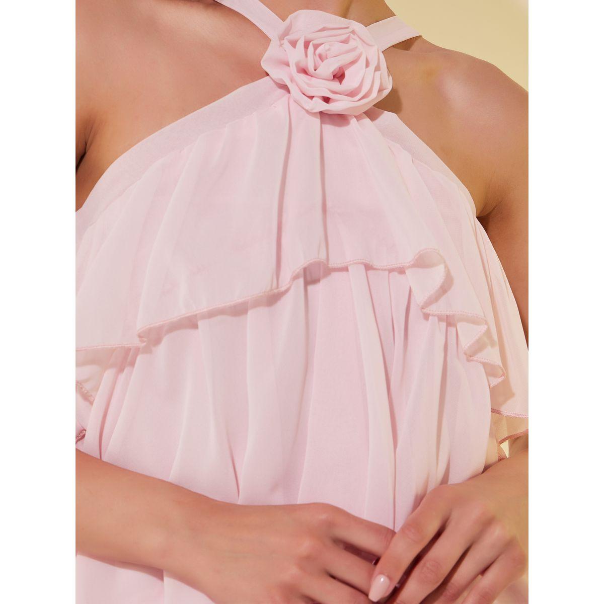 فستان طويل سادة بكسرات وياقة هولتر مع كورساج-women-clothing-dresses-image-4