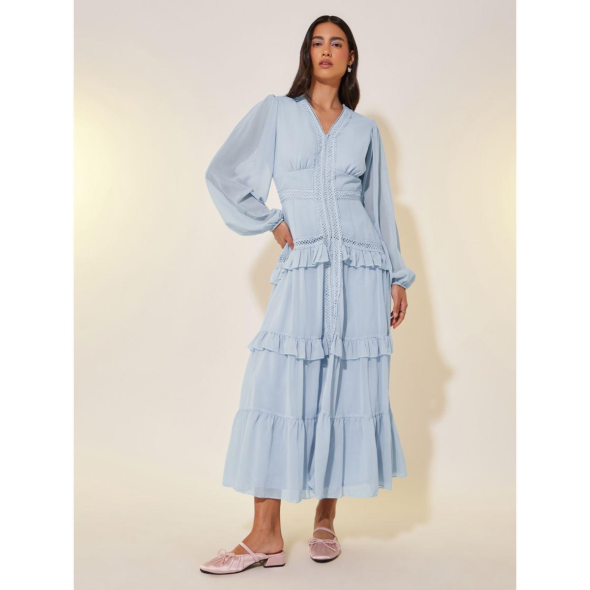 فستان طويل بتفاصيل دانتيل وأكمام بالون-women-clothing-dresses-image-2
