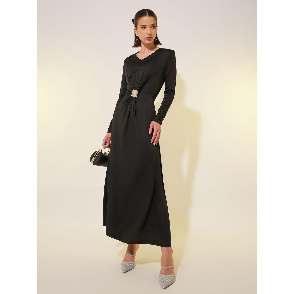 Styli Solid V-Neck Embellished Button Maxi Dress-women-clothing-dresses-image-1