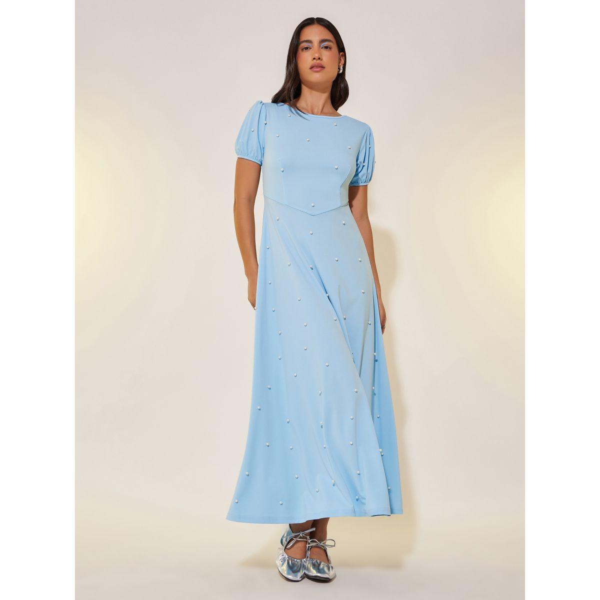 فستان طويل منمق بلؤلؤ صناعي مع أكمام منفوخة-women-clothing-dresses-image-2