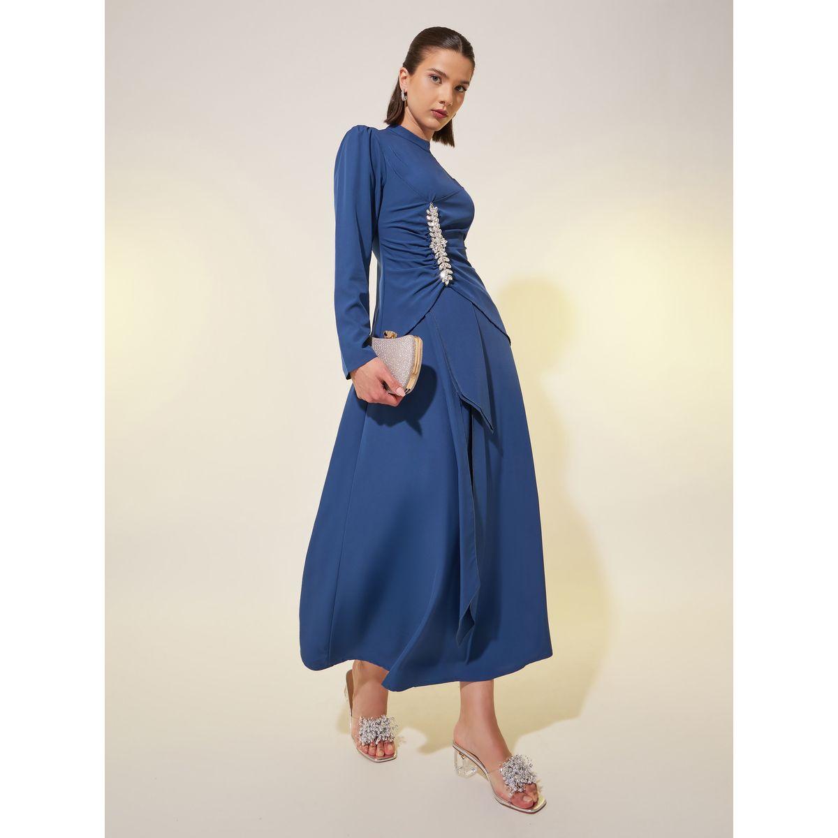 Styli Solid Long Sleeves A-Line Midi Dress with Embellished Detail-women-clothing-dresses-image-1