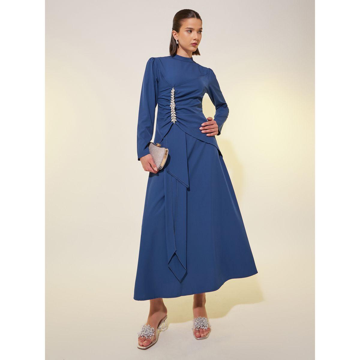 Styli Solid Long Sleeves A-Line Midi Dress with Embellished Detail-women-clothing-dresses-image-2