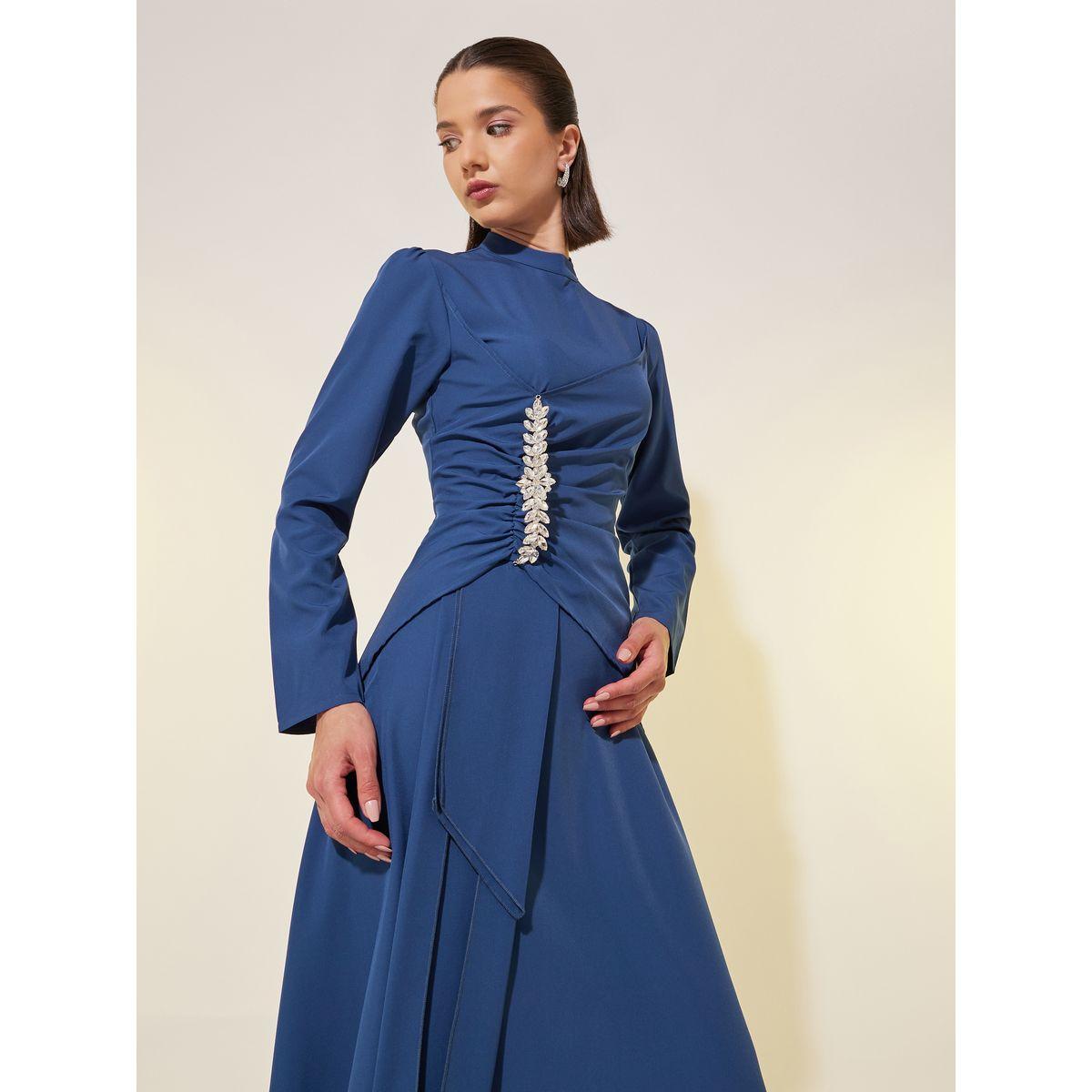 فستان ميدي سادة بأكمام طويلة وحافة واسعة-women-clothing-dresses-image-3