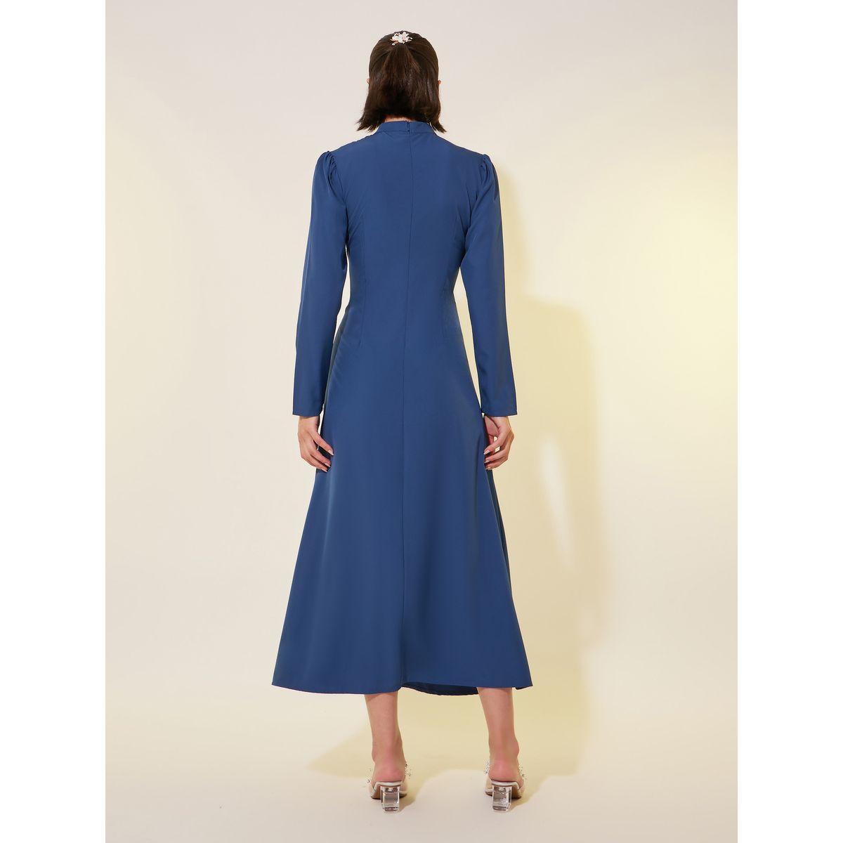 Styli Solid Long Sleeves A-Line Midi Dress with Embellished Detail-women-clothing-dresses-image-5