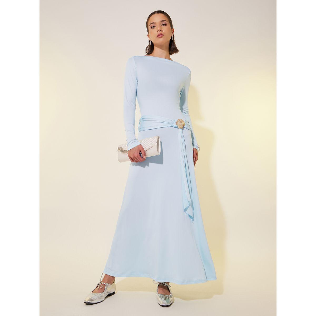 Styli Solid Long Sleeves A-Line Maxi Dress with Faux Shell Detail-women-clothing-dresses-image-1