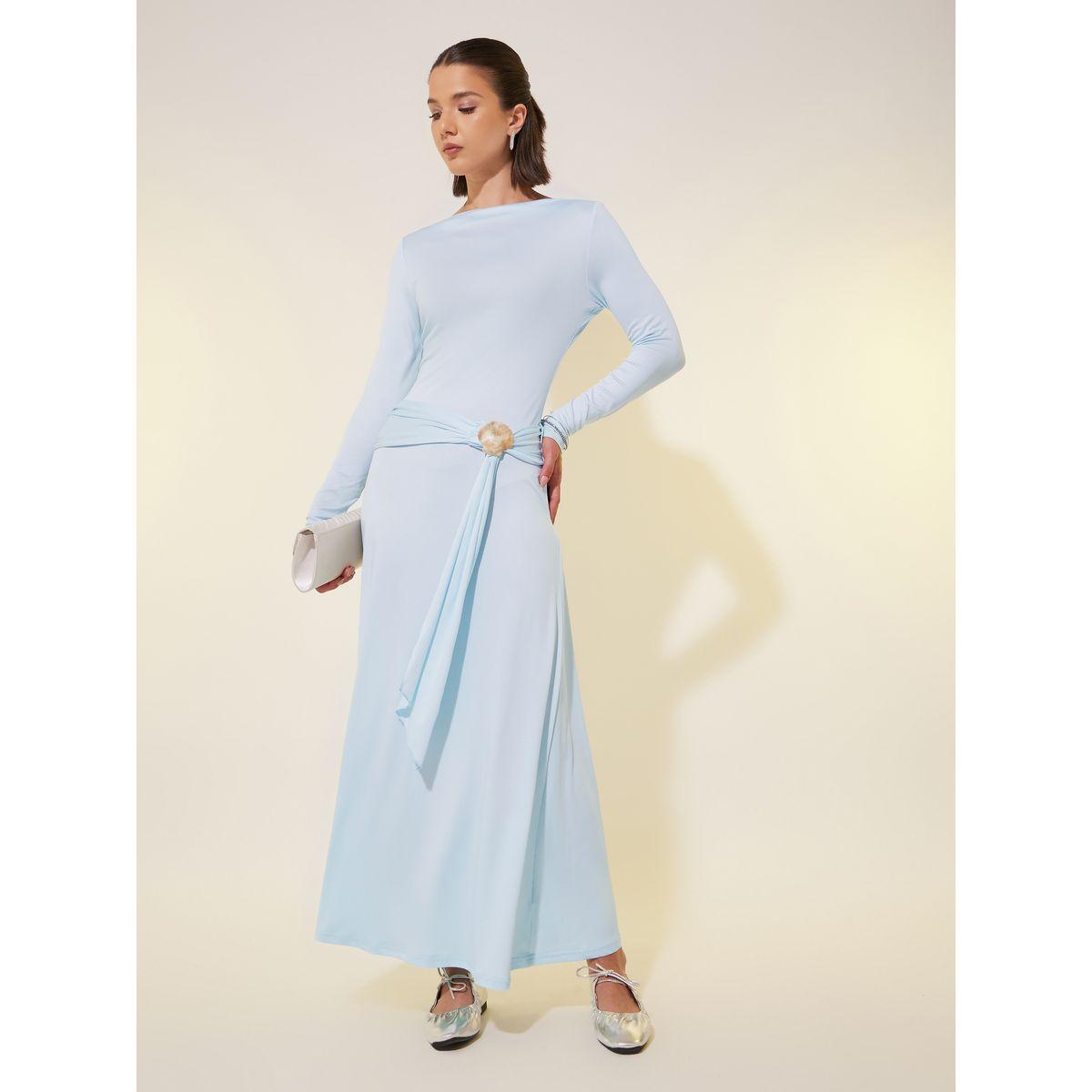 Styli Solid Long Sleeves A-Line Maxi Dress with Faux Shell Detail-women-clothing-dresses-image-2