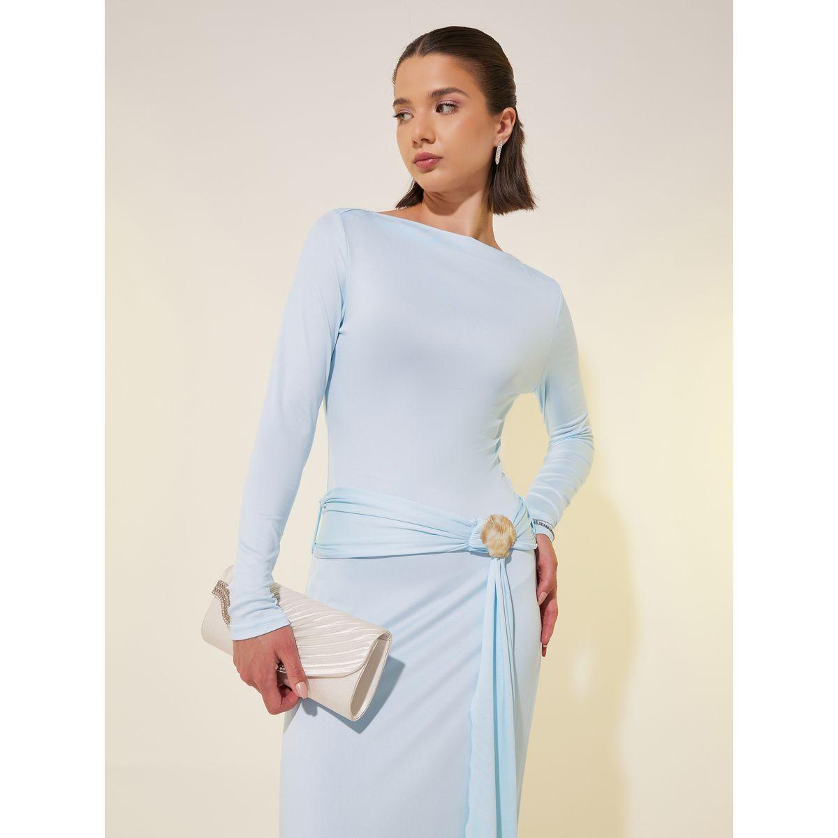 Styli Solid Long Sleeves A-Line Maxi Dress with Faux Shell Detail-women-clothing-dresses-image-3