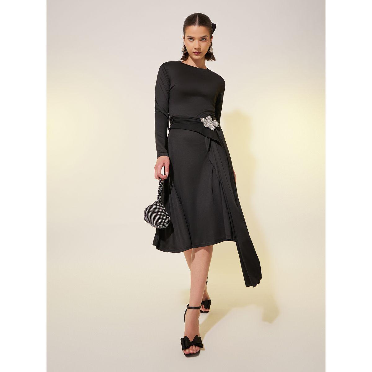 Styli Solid Long Sleeves Embellished Knee-Length Dress-women-clothing-dresses-image-1