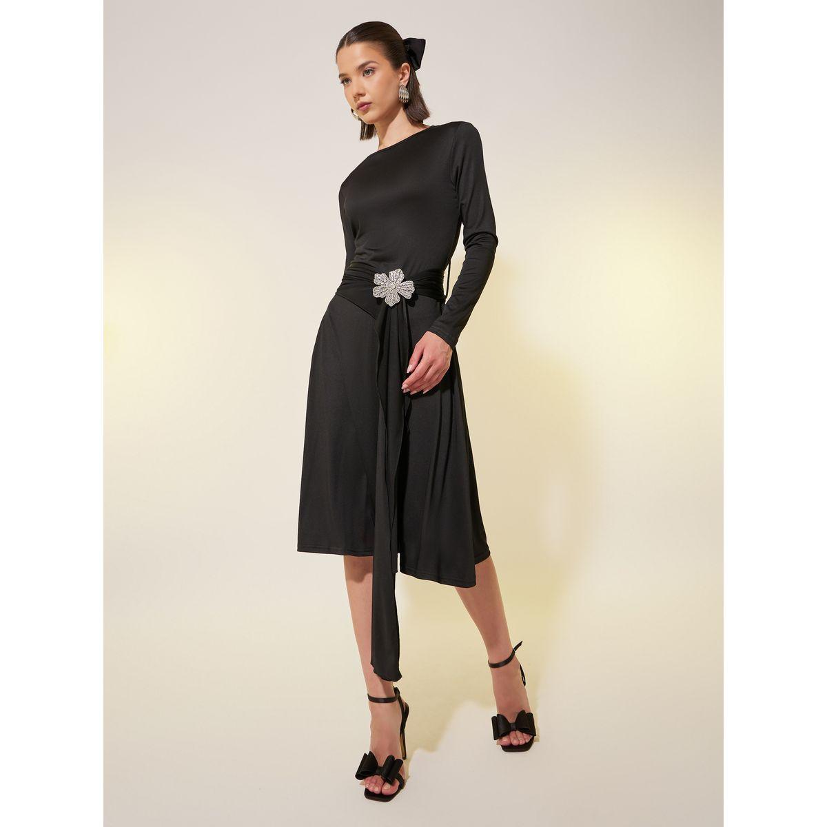 Styli Solid Long Sleeves Embellished Knee-Length Dress-women-clothing-dresses-image-2