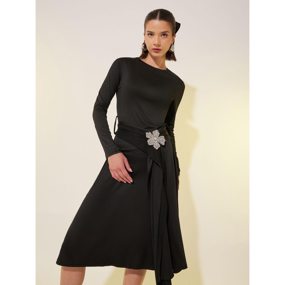 Styli Solid Long Sleeves Embellished Knee-Length Dress-women-clothing-dresses-image-3