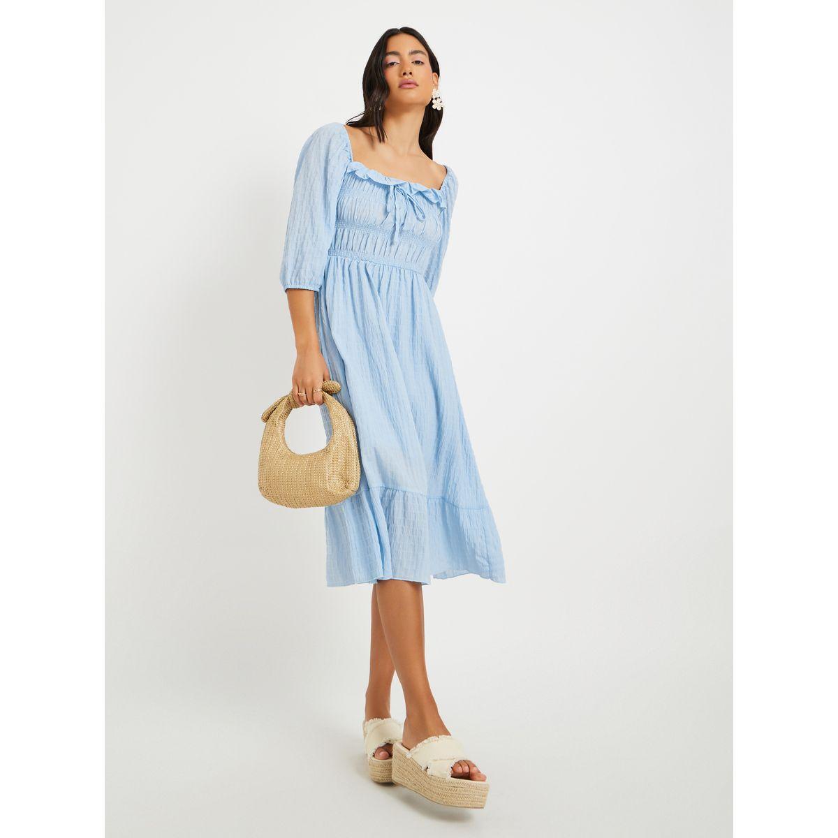 Styli Texture Square Collar Ruffle Trim Midi Dress-women-clothing-dresses-image-1