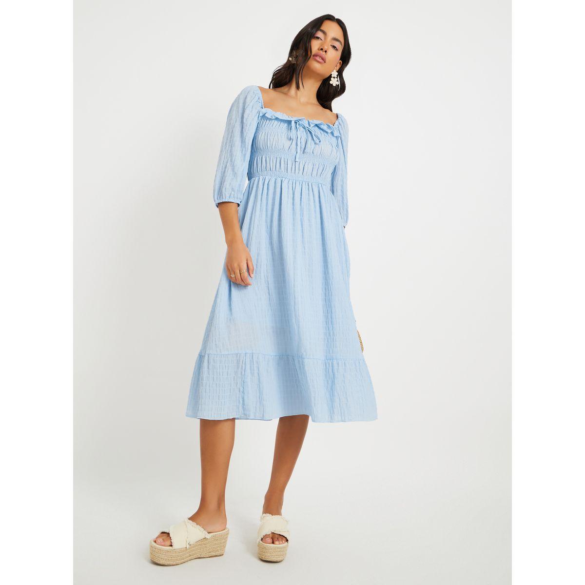 فستان ميدي بياقة مربعة وتفاصيل كشكش-women-clothing-dresses-image-2