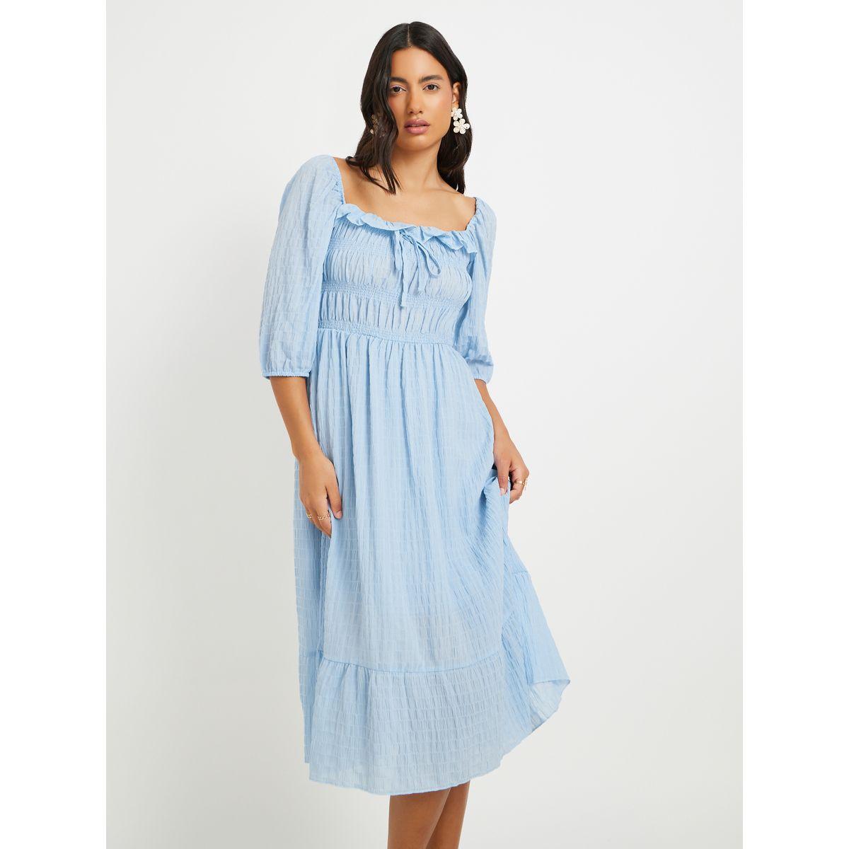 Styli Texture Square Collar Ruffle Trim Midi Dress-women-clothing-dresses-image-3