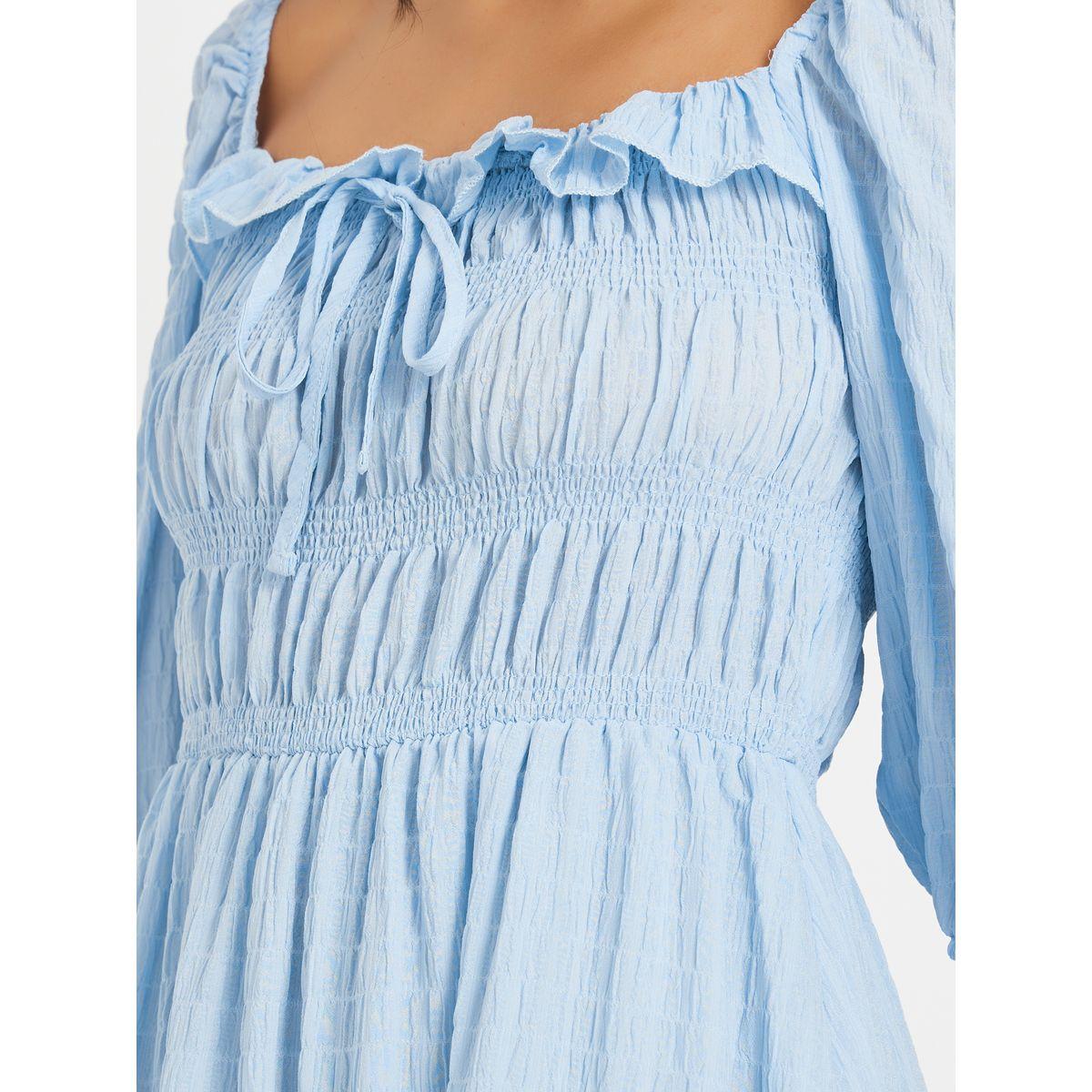 Styli Texture Square Collar Ruffle Trim Midi Dress-women-clothing-dresses-image-4