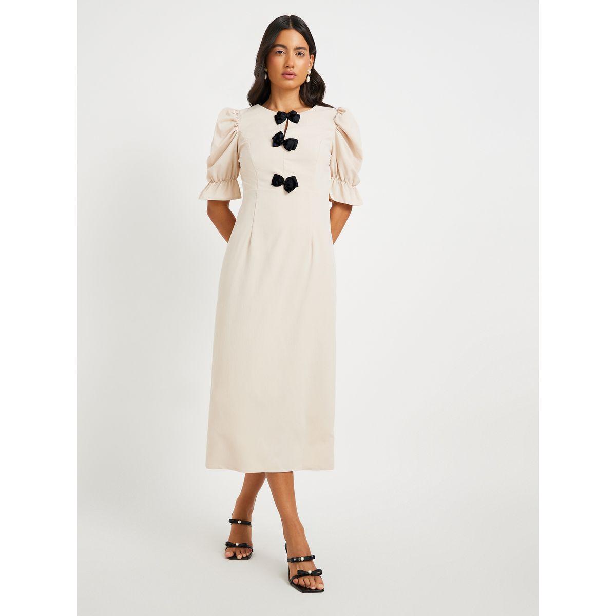 Styli Texture Puff Sleeves Bow Detail Midi Dress-women-clothing-dresses-image-1