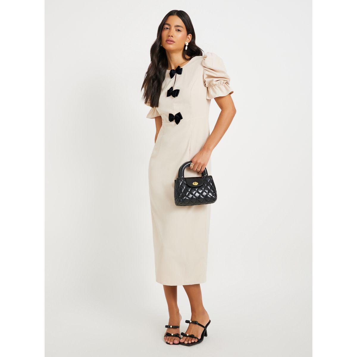 Styli Texture Puff Sleeves Bow Detail Midi Dress-women-clothing-dresses-image-2