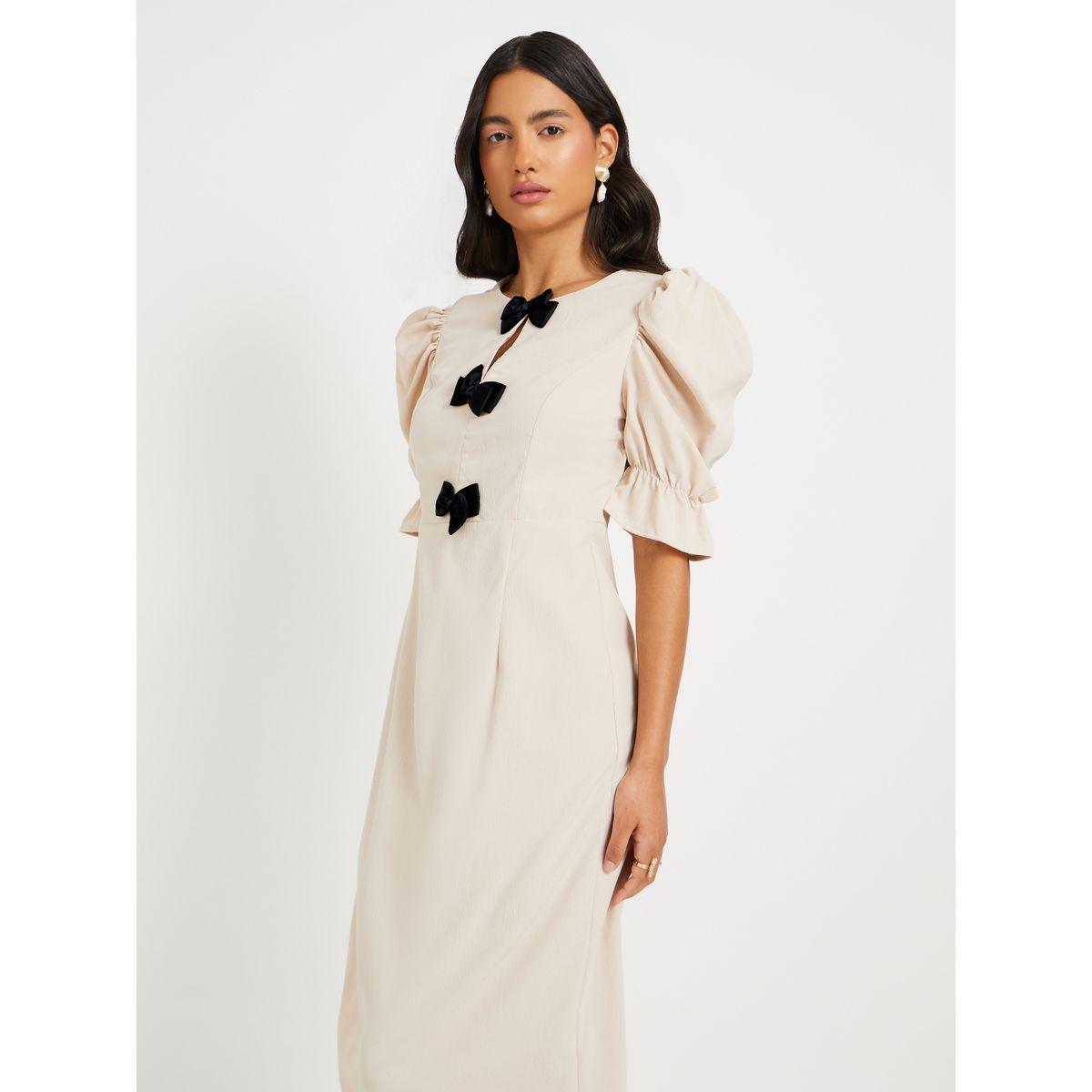 Styli Texture Puff Sleeves Bow Detail Midi Dress-women-clothing-dresses-image-3