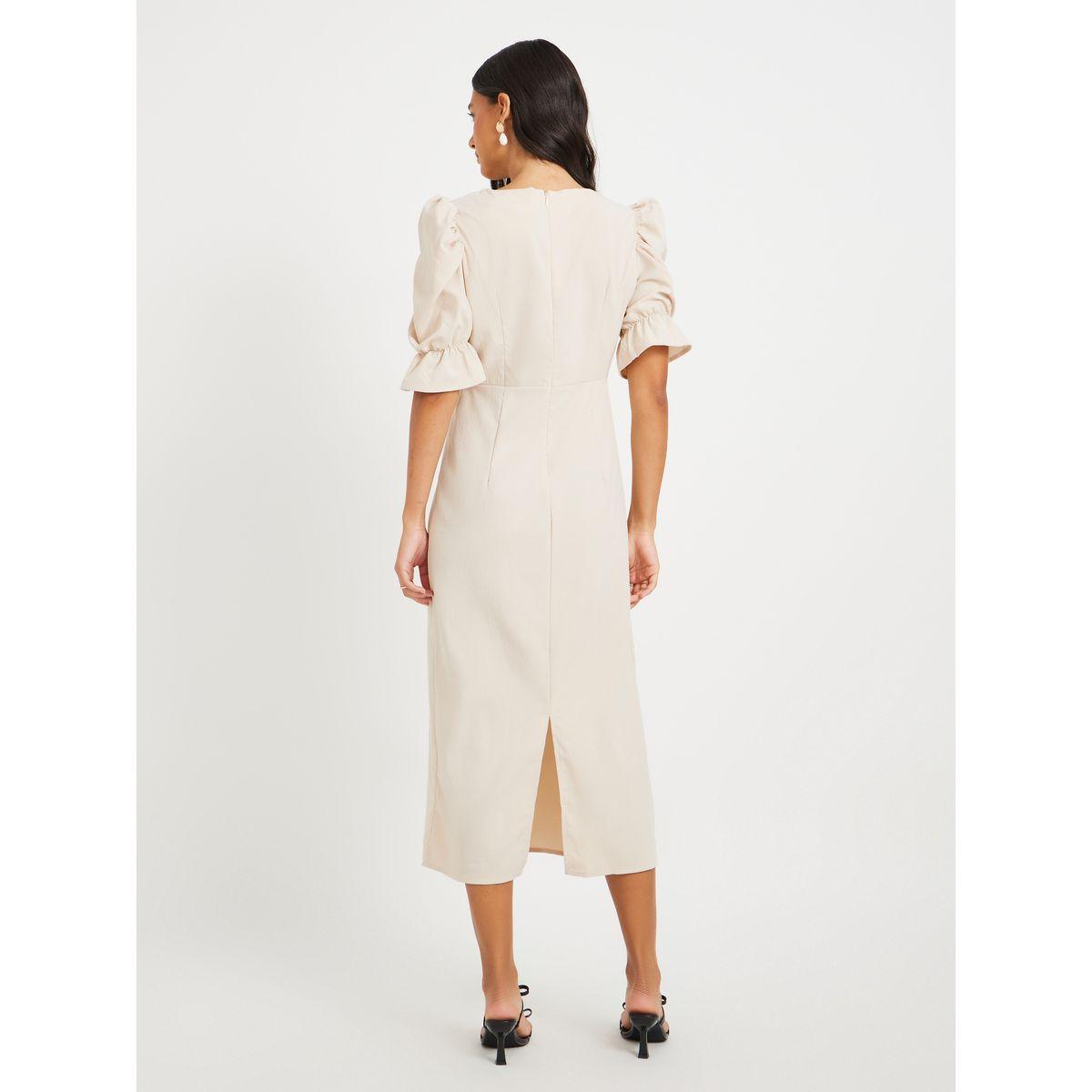 Styli Texture Puff Sleeves Bow Detail Midi Dress-women-clothing-dresses-image-5
