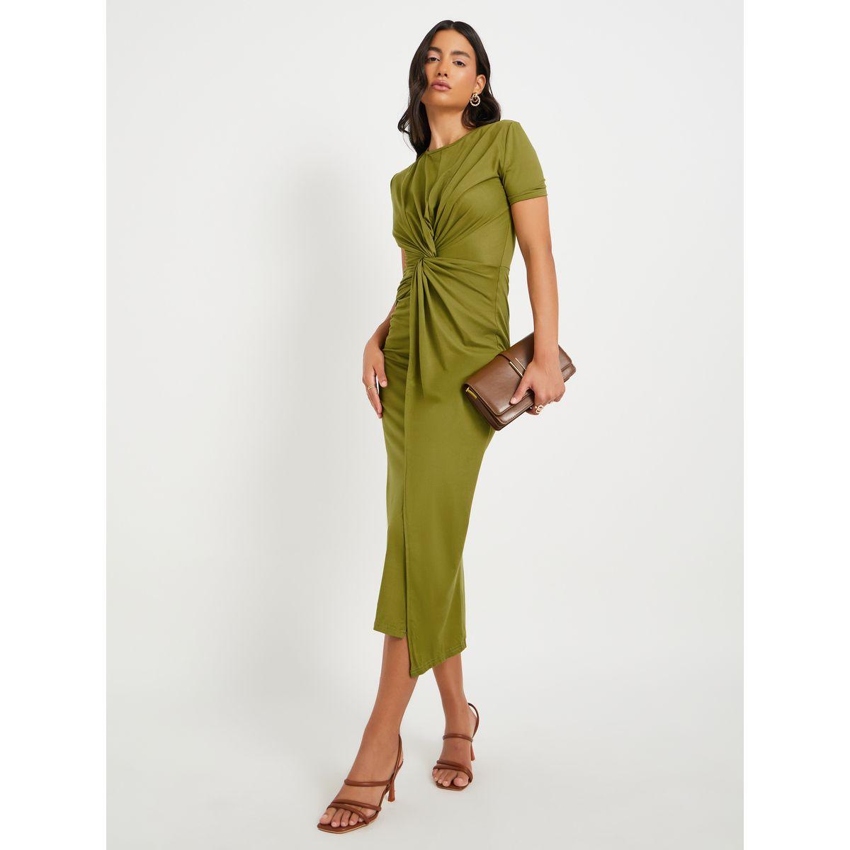 فستان ميدي سادة بديكون مزين بعقدة-women-clothing-dresses-image-1