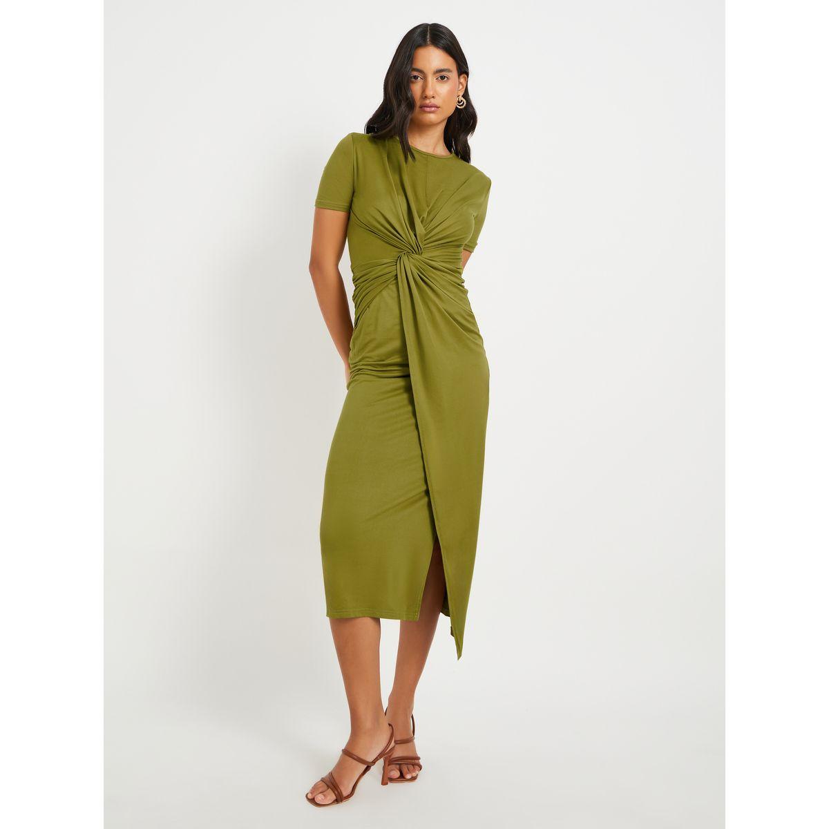 فستان ميدي سادة بديكون مزين بعقدة-women-clothing-dresses-image-2