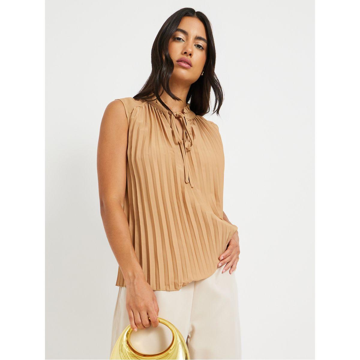 بلوزة بلا أكمام بكسرات مع ياقة بأربطة-women-clothing-shirtsandblouses-blouses-image-1