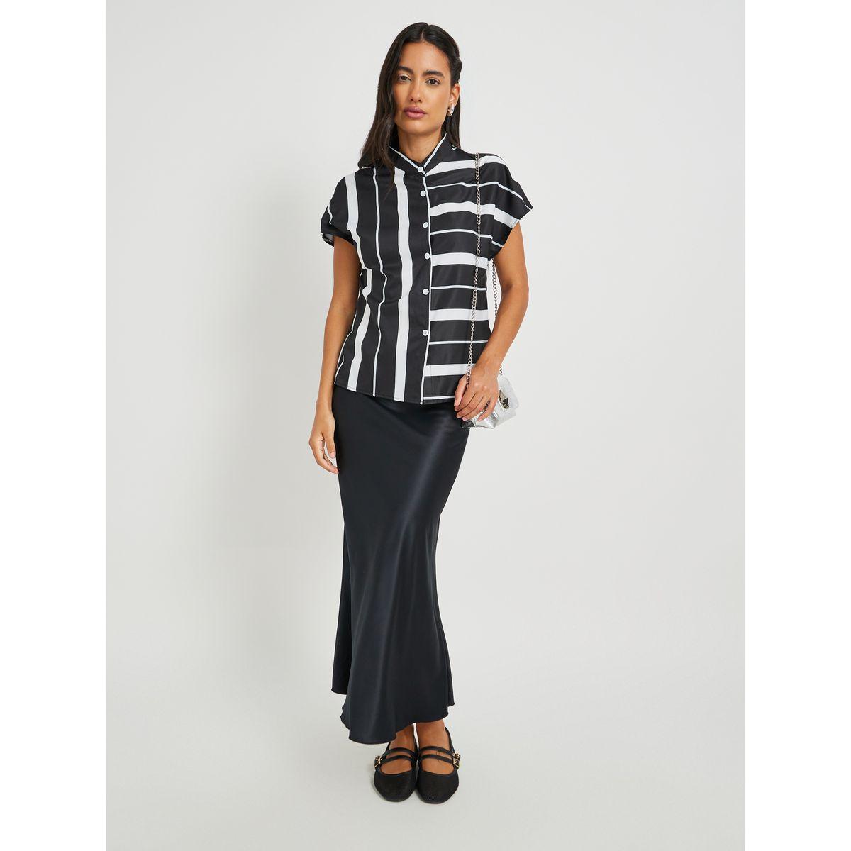 Styli Striped Stand Collar Short Sleeve Buttoned Top-women-clothing-shirtsandblouses-blouses-image-2