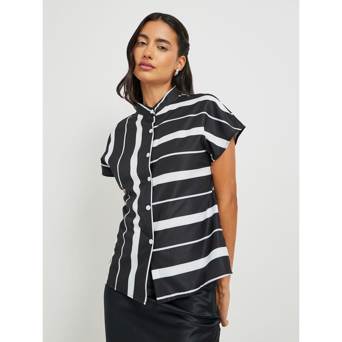 Styli Striped Stand Collar Short Sleeve Buttoned Top-women-clothing-shirtsandblouses-blouses-image-3