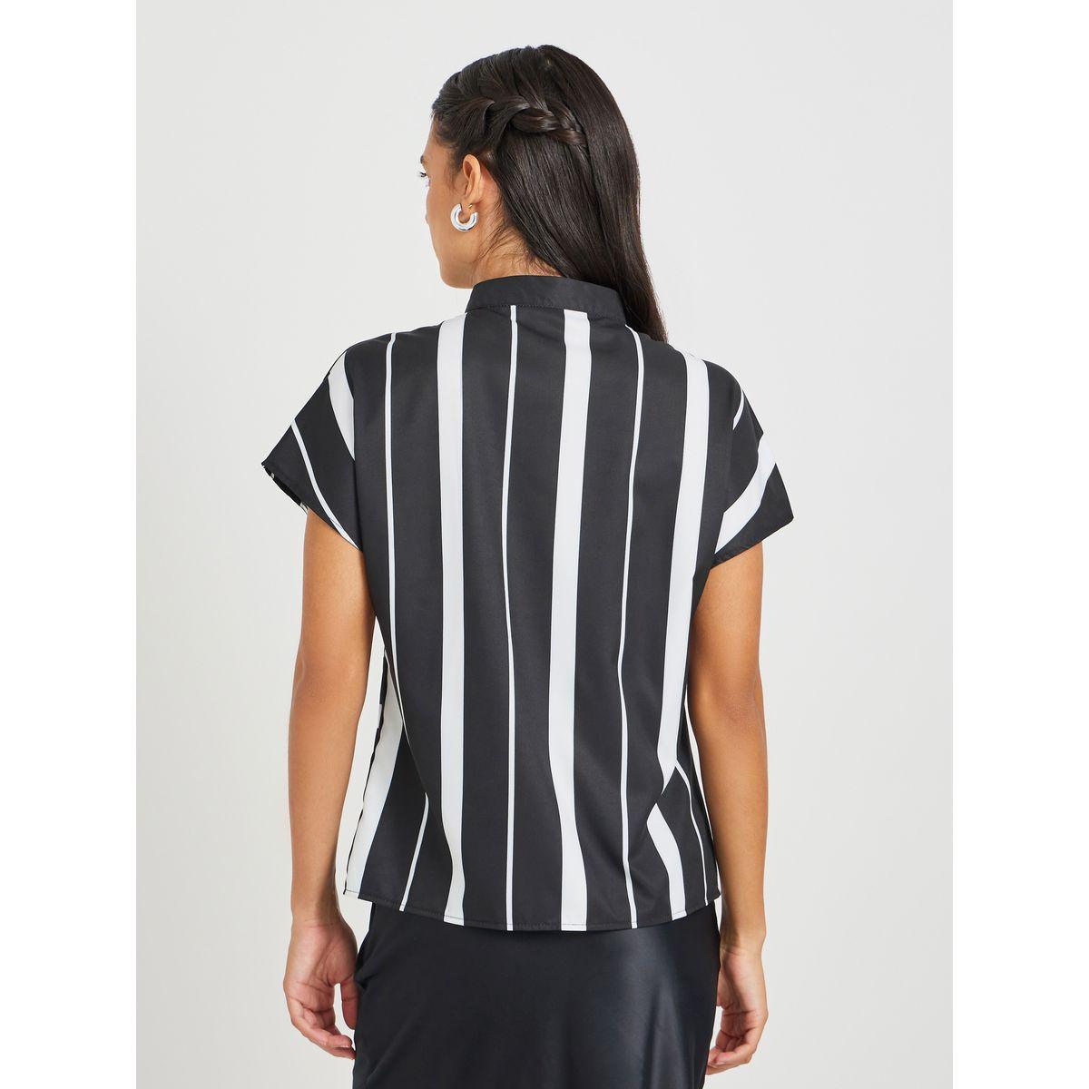 Styli Striped Stand Collar Short Sleeve Buttoned Top-women-clothing-shirtsandblouses-blouses-image-5