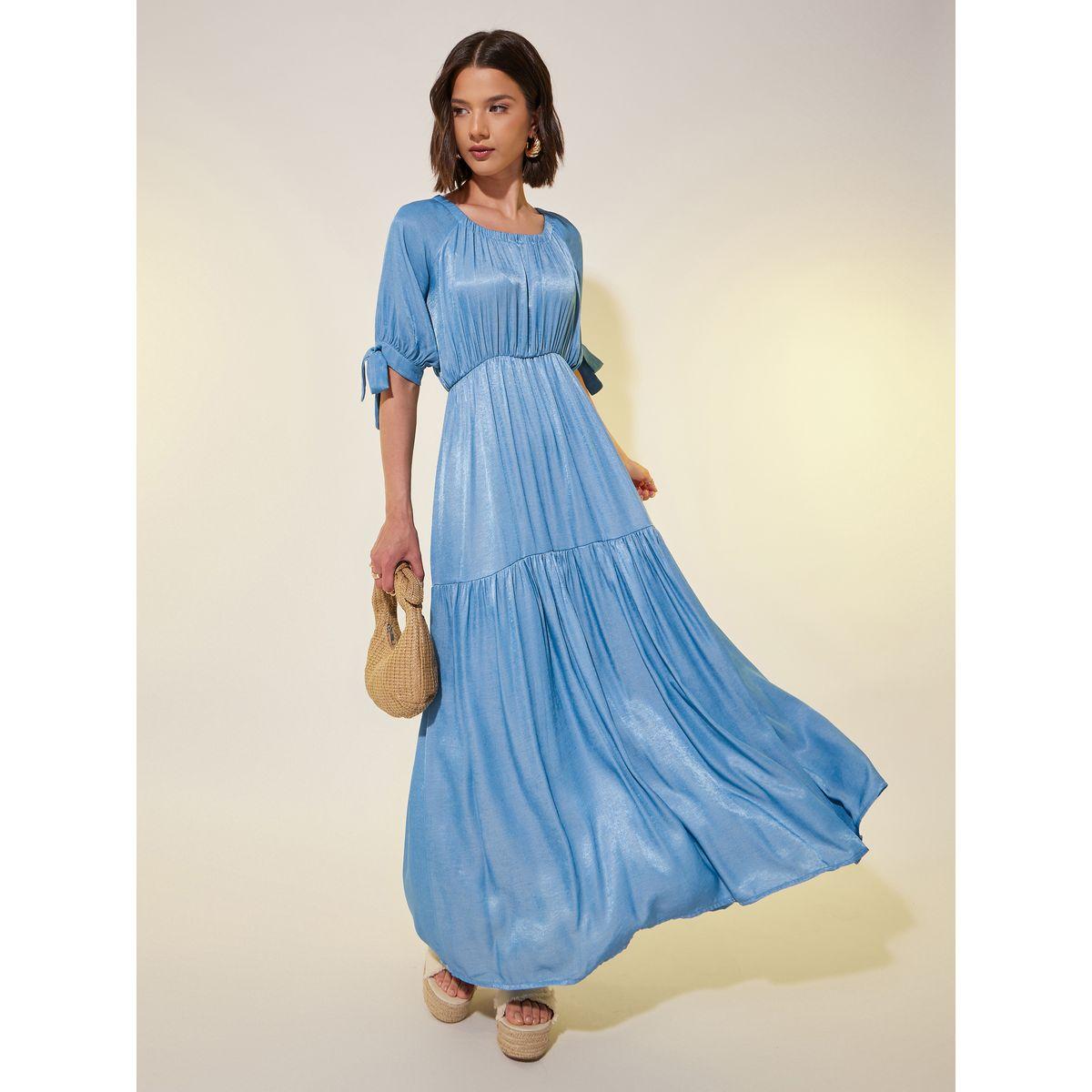 Styli Solid Puff Sleeves A-Line Midi Dress-women-clothing-dresses-image-1